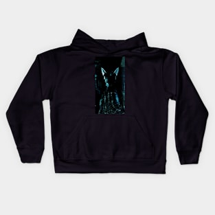 Digital collage, special processing. Strong, muscular men figure, arabian skirt, dark room. Demon. Light blue. Kids Hoodie